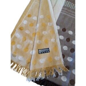 Pashmina Polka Dot Beige Black Turquoise Scarf Wrap Tassled Silk 78inX26in